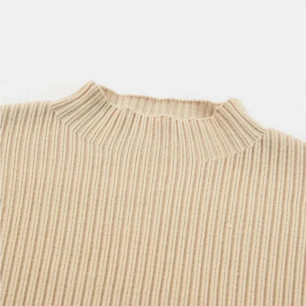 Oatmeal Tan Ribbed Short Sleeve Ribbed Lightweight Sweater Top, High Collar - Picture 5 of 10